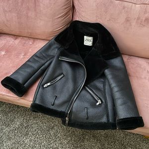 Zara double faced aviator moto jacket coat S black faux suede leather fur EUC